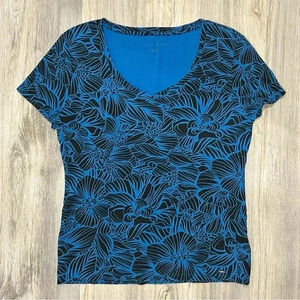 Tommy Hilfiger Blue Black Floral Short Sleeve Cotton T-shirt V Neck Size L
